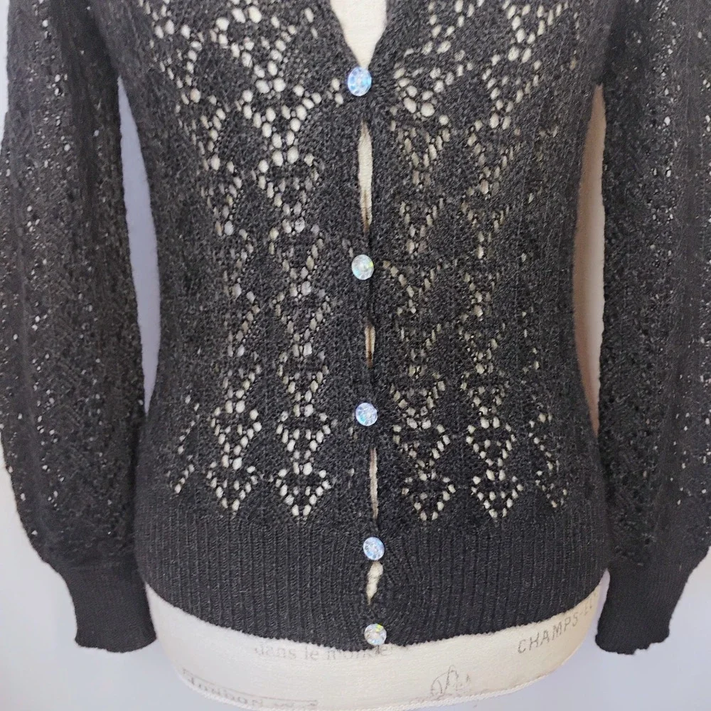 Vtg Dress Du Jour Open Knit Wool Cardigan Black Womens Small Whimsigoth Retro